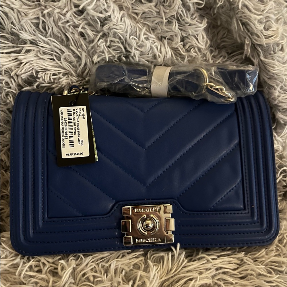 Badgley Mischka Navy Vegan Leather Shoulder Bag mid size purse